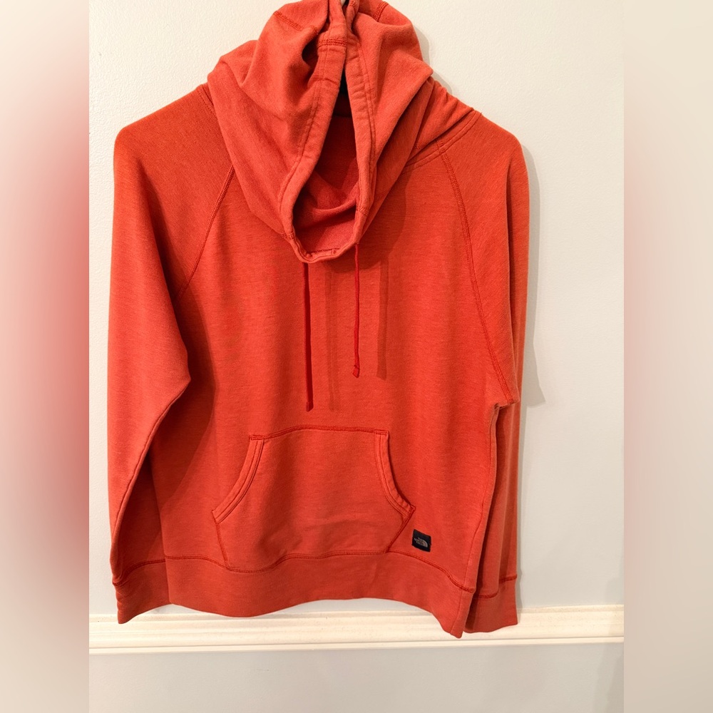 The North Face Cowl Neck Pullover Hoodie Coral Orange Kangaroo Pocket S/M - Picture 7 of 8